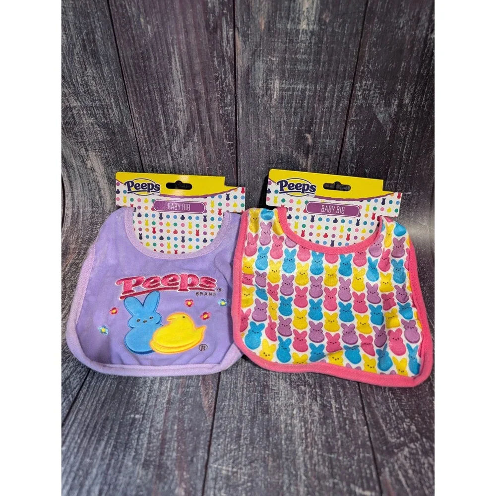 PEEPS Chick & Bunny Soft Easter Baby Bib Set of 2 - Purple Pink Yellow Blue NEW